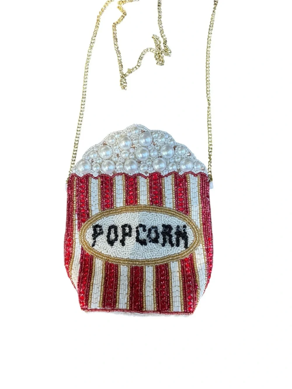 Beaded Popcorn Purse Crossbody in Red, White & Gold